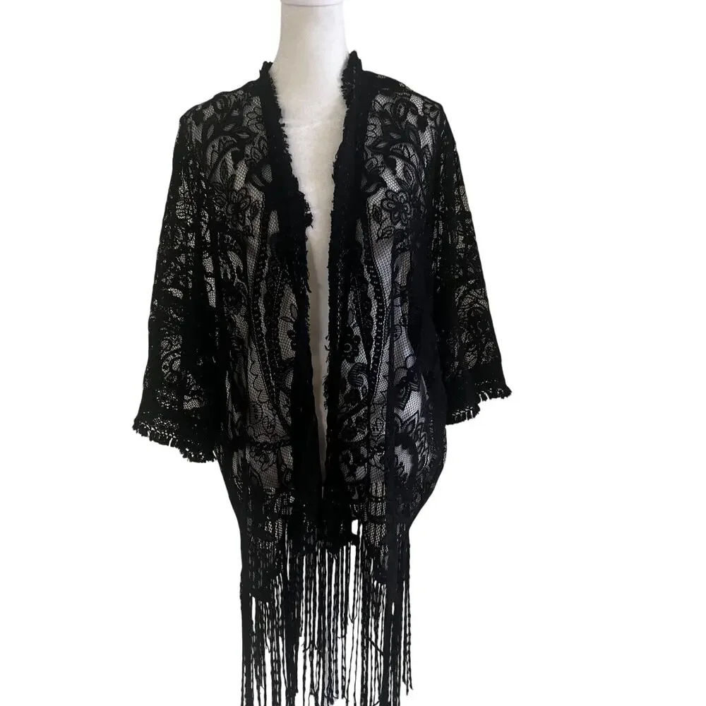 Womens Black Lace Kimono Fringe Shawl Sheer Boho Whimsigoth Layering One Size
